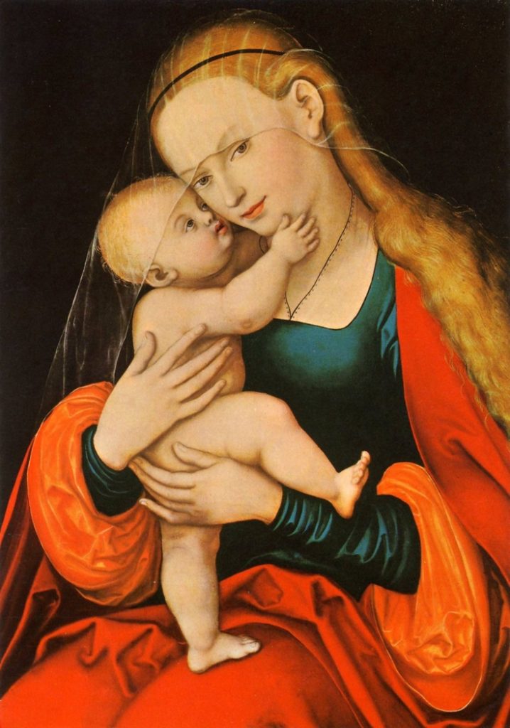 reprodukcja oryginalnego dzieła Lucasa Cranacha starszego, Matka Boska Wspomożenia Wiernych, olej na desce, po 1523 r.